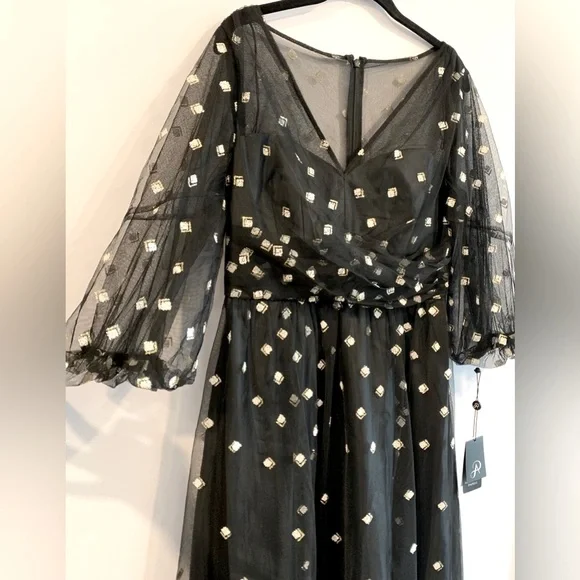 NWT, Adrianna Papell "Glitter Tulle Long Dress" in Black w/ Puff Sleeve, Size 8 - Picture 6 of 12